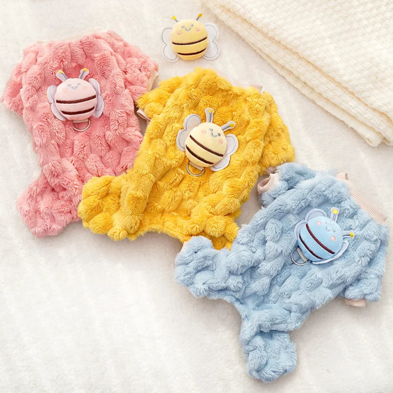 New Four-Legged Pet Clothing Plush Bee Traction Pet Dog Cat Clothes Supplies Autumn-Winter Warm and Thickening Teddy