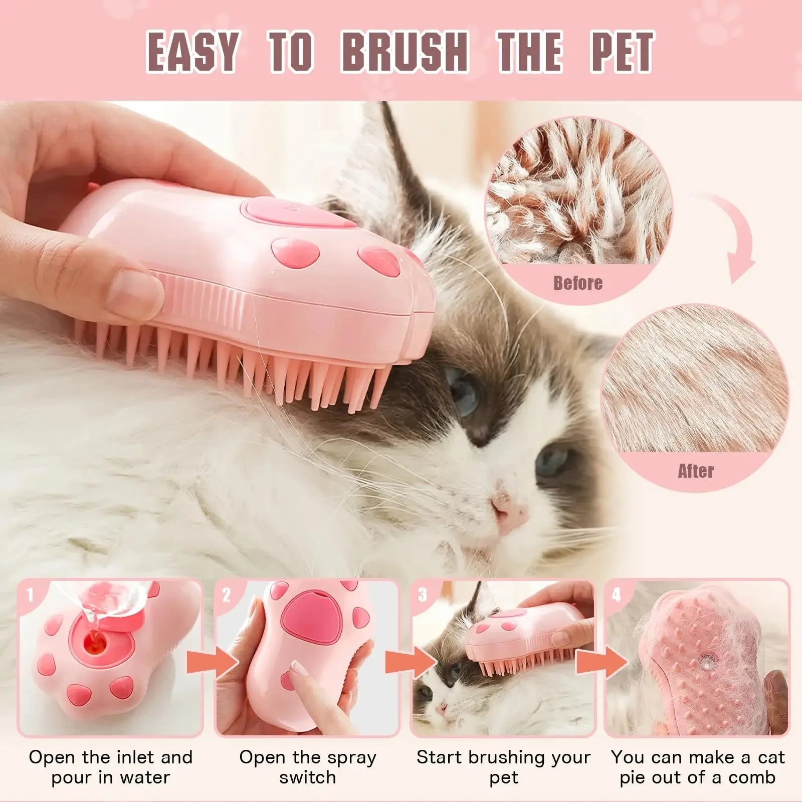Dog Cat comb electric spray Dog cat steam brush cute cat paw shape removing hair massage bath brush